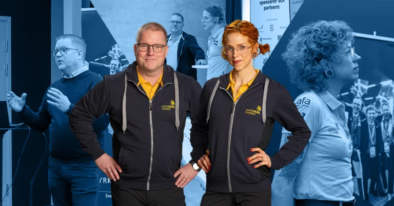 Teknisk delegat Andreas Markstedt och assisterande teknisk delegat Karin Harbe-Moghadam står stolta framför bilder på dem i rollerna